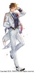  1boy black_socks blue_necktie bouquet boutonniere brown_eyes brown_hair commentary dress_shirt flower full_body gloves gold_trim groom hand_on_own_head highres holding holding_behind_back holding_bouquet hwansang_jungdog jacket kasel_(king&#039;s_raid) king&#039;s_raid leg_up necktie official_alternate_costume official_art open_mouth pants petals pink_flower purple_vest red_flower shirt shoes short_hair simple_background smile socks solo suit suit_jacket tailcoat vest walking wedding_suit white_jacket white_pants white_shirt white_shoes white_suit 