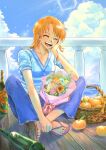  1girl blue_pants blue_shirt blue_sky blush bottle bouquet bracelet breasts cleavage closed_eyes cloud cloudy_sky collarbone crossed_ankles day denim feet flip-flops food fruit full_body hand_up highres indian_style jeans jewelry knees_up mandarin_orange medium_breasts medium_hair nami_(one_piece) on_ground one_piece open_mouth orange_hair outdoors pants parted_bangs railing sandals shadow shirt sitting sktkah_7326 sky smile solo striped_clothes striped_shirt toenails toes white_shirt wooden_floor 