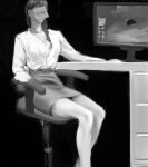  1girl armrest black_background braid censored censored_identity chair computer crossed_ankles facing_viewer feet_out_of_frame grey_hair grey_skirt greyscale hand_on_table highres korean_text long_hair macaronijail monitor monochrome office_chair office_lady omniscient_reader&#039;s_viewpoint shirt single_braid skirt solo sticky_note swivel_chair white_shirt yoo_sangah 