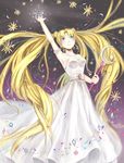  absurdres arm_up armband bad_id bad_pixiv_id bishoujo_senshi_sailor_moon blonde_hair blue_eyes crystal dated double_bun dress glowing hexagram highres lia_xifeng long_hair princess_serenity solo spiral strapless strapless_dress tsukino_usagi very_long_hair wand white_dress 