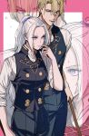  1boy 1girl alternate_costume alternate_hairstyle amikoiiko black_pants black_vest blonde_hair blue_eyes border breasts closed_mouth cowboy_shot dimitri_alexandre_blaiddyd edelgard_von_hresvelg facing_to_the_side fingernails fire_emblem fire_emblem:_three_houses garreg_mach_monastery_uniform hair_between_eyes hair_intakes hair_ribbon hand_on_own_face head_tilt highres holding holding_pole long_hair long_sleeves looking_at_another lower_teeth_only medium_breasts open_mouth outside_border pants pink_background pink_border pink_lips pleated_pants pole ponytail purple_eyes purple_ribbon ribbon shirt short_hair simple_background sleeves_rolled_up sternocleidomastoid_muscle sweatdrop teeth two-tone_background vest waistcoat white_background white_hair white_shirt zoom_layer 