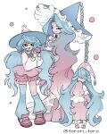  3girls :d absurdly_long_hair absurdres asymmetrical_legwear bloomers blue_hair blue_hat blue_socks blue_thighhighs breasts collared_shirt curtained_hair dress evolutionary_line gradient_hair grin hat hatenna hatterene hattrem highres humanization large_breasts long_hair long_skirt long_sleeves loose_socks loose_thighhigh low_twintails multicolored_hair multiple_girls open_mouth pink_bloomers pink_dress pink_hair pink_shoes pink_skirt pokemon shirt shoes simple_background skirt sleeves_past_fingers sleeves_past_wrists smile socks teeth thighhighs torori_toro_(oimo_kenpi) twintails twitter_username two-tone_hair uneven_legwear upper_teeth_only very_long_hair white_background white_shirt 