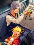  2boys amanogawa_ryuusei andou_loid apron aqua_shorts artist_name belt black_pants blue_apron book bookshelf brown_belt child collared_jacket commentary couch glasses green_eyes grey_hair hands_on_own_stomach hands_up highres holding holding_newspaper indoors jacket kuroda_(kuro_yyy) looking_at_another lying medium_hair mini_eyewear multiple_boys newspaper on_back on_couch open_mouth pants red_jacket round_eyewear shirt shorts signature sitting sleeping smile snoring symbol-only_commentary television white_shirt wristband 