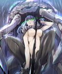  ankle_boots between_breasts black_footwear black_gloves bodysuit boots breasts cane cape chromatic_aberration from_below gloves glowing glowing_eyes green_eyes hat highres holding holding_weapon kantai_collection long_hair looking_at_viewer monster_girl pale_skin rain satou_daiji shinkaisei-kan silver_hair solo teeth weapon wo-class_aircraft_carrier 