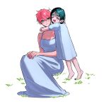  2girls aged_down alien_stage barefoot black_hair closed_eyes commentary_request dress grass green_eyes highres hug kyon_(zmwh8222) long_dress mizi_(alien_stage) multiple_girls pink_hair short_hair short_sleeves sitting sleeveless sleeveless_dress sua_(alien_stage) very_short_hair white_dress 