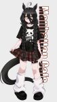  1girl alternate_hair_color animal_ears black_choker black_shirt black_shoes blue_hair book-16key braid character_name choker closed_mouth crossed_bangs hair_between_eyes highres horse_ears horse_girl horse_tail light_smile long_bangs long_hair long_hair_between_eyes loose_socks manhattan_cafe_(umamusume) multicolored_hair no_earrings o-ring o-ring_choker plaid_clothes plaid_skirt pleated_skirt punk red_skirt shirt shoes short_sleeves simple_background skirt skirt_hold socks solo standing streaked_hair tail twin_braids umamusume very_long_hair white_background white_socks yellow_eyes 