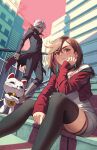  1boy 2girls ayase_momo black_choker black_jacket black_pants black_thighhighs blush brown_eyes brown_hair building cat choker cropped_jacket crossed_arms dandadan dress earrings elbow_rest english_commentary facial_mark feet_out_of_frame fur-trimmed_jacket fur_trim gakuran glasses hair_behind_ear hair_between_eyes jacket jewelry kaijuicery long_sleeves looking_at_viewer multiple_girls official_alternate_costume open_clothes open_jacket outdoors pants pants_rolled_up pink_sky red_eyes red_jacket round_eyewear school_uniform short_hair sitting sitting_on_stairs sky sleeves_past_wrists stairs standing takakura_ken_(dandadan) takakura_ken_(transformed)_(dandadan) thighhighs transformation turbo_granny_(dandadan) white_dress white_hair 
