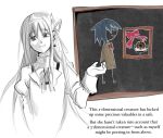  akemi_homura black_hair blue_hair chalk_drawing chalkboard greyscale hair_ribbon long_hair long_sleeves mahou_shoujo_madoka_magica mermaidcandle mitakihara_school_uniform monochrome ribbon school_uniform simple_background white_background 