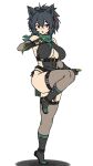  1girl animal_ears arm_belt arm_guards belt belt_buckle black_belt black_boots black_gloves black_hair boots breasts buckle cat_ears cleavage clothing_cutout detached_sleeves dot_nose dual_wielding fingerless_gloves full_body gloves green_boots green_panties green_scarf hair_between_eyes hairband hand_up highres holding holding_knife houtengeki knife large_breasts leg_belt looking_at_viewer multicolored_boots multiple_belts ninja open_mouth original panties red_eyes red_hairband scarf see-through_clothes see-through_sleeves see-through_thighhighs short_hair side-tie_panties simple_background solo standing standing_on_one_leg studded_belt thigh_belt thigh_strap thighhighs underboob_cutout underwear white_background 