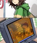 4_toes adopted_(lore) adoptive_brother_(lore) adoptive_sibling_(lore) ambiguous_gender anthro asriel_dreemurr bodily_fluids bottomwear bovid brown_hair caprine clothed clothing computer_monitor controller deltarune duo eyes_closed fake_horns feet fingers footwear hair hair_over_eyes heartbreak_juan hi_res hoodie horn kris_(deltarune) long_hair male mammal open_mouth pants sitting socks sweat sweatdrop toes topwear undertale undertale_(series)