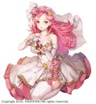  1girl bag breasts bridal_veil bride cleavage commentary cookie dress dress_flower flower food full_body garter_straps hair_flower hair_ornament headband holding holding_bag holding_cookie holding_food hwansang_jungdog juno_(king&#039;s_raid) king&#039;s_raid kneeling large_breasts layered_dress long_hair looking_at_viewer official_alternate_costume official_art orange_eyes petticoat pink_dress pink_flower pink_hair red_ribbon ribbon see-through_clothes see-through_veil smile solo thighhighs veil very_long_hair wedding_dress white_dress white_headband white_thighhighs white_veil yellow_flower 