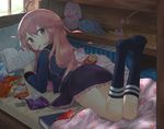  antenna_hair bag bangs basket blanket blouse blue_legwear blush book bookshelf brand_name_imitation chips cleazul downscaled eating floral_print food frilled_skirt frills from_behind indoors kantai_collection kneehighs legs_up long_hair looking_at_viewer looking_back lying manga_(object) md5_mismatch mouth_hold no_shoes on_bed on_stomach open_book pillow pink_eyes pink_hair pocky potato_chips purple_skirt reading resized skirt solo stuffed_animal stuffed_bunny stuffed_toy uzuki_(kantai_collection) window 