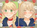  2girls aged_down alt_text blonde_hair blue_capelet blush braid capelet choker closed_mouth colored_eyelashes dungeon_meshi elf falin_touden falin_touden_(tallman) flower green_eyes highres hood hooded_capelet light_smile long_hair looking_at_viewer marcille_donato multiple_girls mushroom pointy_ears red_choker red_flower red_rose rose sasakura34 short_hair smile thorns twin_braids white_flower white_rose yellow_eyes 