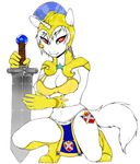  2012 anthro breasts cleavage clothed clothing crossgender cutie_mark equine fan_character fangs female friendship_is_magic galea gloves hair helmet horn kneeling mammal my_little_pony niis red_eyes royal_guard_(mlp) solo sword ultima_(oc) unicorn voxix weapon white_hair 