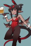  1girl akuyome alcohol beer blush choker dark_skin fang high_heels highres holding holding_tray horns looking_at_viewer matsuda_yuusuke open_mouth pantyhose playboy_bunny pointy_ears red_eyes simple_background solo sweatdrop tail tray white_choker white_wrist_cuffs wings wrist_cuffs yome_(akuyome) 