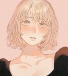  1girl alt_text black_shirt blonde_hair collarbone colored_eyelashes dungeon_meshi falin_touden falin_touden_(tallman) highres light_blush lips looking_at_viewer parted_lips pink_background portrait sasakura34 shirt short_hair simple_background solo yellow_eyes 