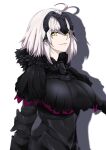  1girl ahoge armor black_armor black_capelet black_dress black_mask breasts capelet closed_mouth commentary_request dress fate/grand_order fate_(series) fur-trimmed_capelet fur_trim hair_between_eyes highres jeanne_d&#039;arc_alter_(fate) large_breasts long_sleeves looking_at_viewer mask mask_on_head official_alternate_costume shadow short_hair simple_background smile solo standing sungose white_background white_hair yellow_eyes 