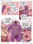 abe_(mikrogoat) anthro balls basil_(mikrogoat) bovid bovine cattle clothing comic domestic_pig english_text genitals group hi_res hoodie lagomorph leporid male mammal mikrogoat muscular muscular_male nonbinary_(lore) nude obese obese_anthro obese_male overweight overweight_anthro overweight_male pecs penis perry_(mikrogoat) rabbit smug_face speech_bubble suid suine sus_(pig) text topwear trio url