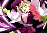  1girl anime_coloring arms_up belt belt_buckle black_background black_jacket black_skirt braid breasts buckle center_opening collared_jacket cowboy_shot demon_slayer_uniform determined eyelashes fighting_stance floating_clothes floating_hair green_eyes green_hair haori high_collar highres jacket japanese_clothes kanroji_mitsuri kimetsu_no_yaiba large_breasts layered_sleeves long_sleeves looking_at_viewer low_twin_braids miniskirt mole mole_under_each_eye mole_under_eye multicolored_hair multiple_moles okku908 open_mouth pink_hair pleated_skirt simple_background skirt skirt_set slashing solo tareme teeth twin_braids twitter_username two-tone_hair v-shaped_eyebrows white_belt white_jacket 