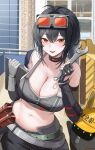  1girl :d absurdres asymmetrical_gloves bangboo_(zenless_zone_zero) belt black_choker black_gloves black_hair breasts choker cleavage eyewear_on_head gloves goggles goggles_on_head grace_howard highres holding holding_wrench large_breasts looking_at_viewer midriff mismatched_gloves navel pants personality2407 red_eyes smile solo_focus wrench zenless_zone_zero 
