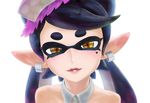  aori_(splatoon) backlighting bare_shoulders black_hair blush detached_collar domino_mask earrings fangs food food_on_head highres jewelry kabeu_mariko long_hair looking_at_viewer mask mole mole_under_eye object_on_head open_mouth pointy_ears simple_background smile solo splatoon_(series) splatoon_1 sushi tentacle_hair upper_body white_background yellow_eyes 
