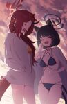  2girls animal_ear_fluff animal_ears bangs_pinned_back bikini black_hair blue_archive blue_bikini blue_halo blush cat_ears cat_girl cat_tail closed_eyes dragon_girl dragon_horn dragon_tail grey_haori grey_jacket hairband halo hands_in_pockets highres horns jacket kikyou_(blue_archive) kikyou_(swimsuit)_(blue_archive) laughing long_hair meruki multiple_girls multiple_tails navel official_alternate_costume official_alternate_hairstyle open_mouth orange_hairband red_hair red_halo renge_(blue_archive) renge_(swimsuit)_(blue_archive) short_hair single_horn sky stomach swimsuit tail two_tails yellow_bikini 