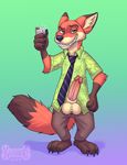  anthro balls canine character_from_animated_feature_film clothing disney erection fox fur hawaiian_shirt kadohusky male mammal necktie nick_wilde pants penis solo zootopia 