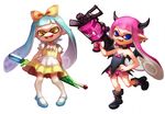  2girls aqua_hair bare_shoulders blue_eyes boots bow choker demon_wings domino_mask earrings fangs hair_bow horns inkling jewelry kneehighs mary_janes mask monster_girl multiple_girls nishizawa pink_hair pointy_ears shoes shorts skirt skirt_set splat_charger_(splatoon) splatoon_(series) splatoon_1 super_soaker tentacle_hair wings yellow_eyes 