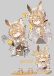  1girl :d ^^^ animal_ears arknights arrow_(symbol) asymmetrical_gloves bare_shoulders black_bag black_dress black_gloves blonde_hair cleavage_cutout closed_mouth clothing_cutout coat dorothy_(arknights) dot_nose dress ear_tag fingerless_gloves gloves grey_background hair_between_eyes hair_intakes highres holding lab_coat long_hair long_sleeves mismatched_gloves mouse_ears mouse_girl mouse_tail multiple_views odmised off_shoulder pointing pointing_at_self simple_background smile tail trap two-tone_dress white_coat white_dress yellow_eyes yellow_gloves 
