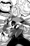  2boys animal_ears bangboo_(zenless_zone_zero) dreaming gloves hair_between_eyes holding hugo_vlad maka_(mksrw) male_focus mole mole_under_eye monochrome multiple_boys pants pointy_ears robin_(zenless_zone_zero) shirt sleeping von_lycaon watch wolf_ears zenless_zone_zero 