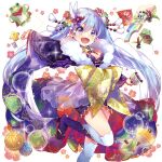  1girl angel_wings asuna_healia blue_eyes blue_hair breasts cleavage ech hagoita high_heels japanese_clothes kimono kite_flying long_hair marimo paddle print_kimono purple_kimono purple_socks sandals soap_bubbles socks spinning_top thighhighs twintails uchi_no_hime-sama_ga_ichiban_kawaii very_long_hair white_thighhighs wings zouri 