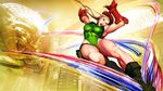  antenna_hair artist_request beret blonde_hair boots braid cammy_white fingerless_gloves gloves green_eyes green_leotard hat highres leotard long_hair official_art open_mouth street_fighter street_fighter_v twin_braids 