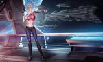  1girl advanced_ship_(eve_online) arm_tattoo armpits asymmetrical_bangs asymmetrical_hair audia_pahlevi bare_arms bare_shoulders battleship_(eve_online) belt black_belt black_pants black_shoes blonde_hair breasts capital_ship_(eve_online) carrier combat_ship_(eve_online) commentary commission creodron_(eve_online) crop_top cyborg damillia_seraph double_barrels duvolle_laboratories_(eve_online) electronic_warfare_ship_(eve_online) erebus_(eve_online) eve_online facial_tattoo federation_navy_(eve_online) fleet flying full_body grey_eyes gun hand_up handgun hexagon high_heels highres holding holding_gun holding_weapon hologram honeycomb_(pattern) in_orbit large_breasts linea_alba marauder_(eve_online) mechanical_arms megathron_(eve_online) midriff military_vehicle navel nebula nose nyx_(eve_online) open_mouth original outstretched_arm pants planet pointing pointing_to_the_side prosthesis prosthetic_arm roden_shipyards_(eve_online) scenery science_fiction shoes short_hair single_mechanical_arm solo space spacecraft spacecraft_interior standing star_(sky) starry_sky_background stomach super_capital_ship_(eve_online) supercarrier_(eve_online) support_ship_(eve_online) table tank_top tattoo tech_2_ship_(eve_online) teeth titan_(eve_online) weapon window 