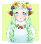  1girl animal_ears blue_eyes blueberry dress fantasy_life fantasy_life_i:_the_girl_who_steals_time fantasy_life_online flower food fruit fruit_ornament green_hair hair_flower hair_ornament highres jewelry leilah_(fantasy_life) lemon lemon_slice long_bangs long_hair looking_at_viewer necklace portrait raspberry solo starfruit_slice strawberry sumumu translation_request 
