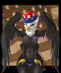  amber_eyes anthro avian bald_eagle bedroom_eyes big_breasts bird breast_squish breasts chalo clothed clothing eagle feathers female half-closed_eyes half-dressed hat looking_at_viewer panties solo standing star thick_thighs top_hat topless underwear undressing united_states_of_america voluptuous wide_hips wings 