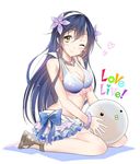  ;) bare_shoulders bikini blue_hair blue_ribbon blush breasts cleavage closed_mouth earrings eyebrows_visible_through_hair flower frilled_bikini frills hair_flower hair_ornament hairband heart jewelry kneeling long_hair looking_at_viewer love_live! love_live!_school_idol_project medium_breasts natsuiro_egao_de_1_2_jump! necklace one_eye_closed ribbon shiira_(kouhei) skirt smile solo sonoda_umi swimsuit white_hairband yellow_eyes 