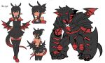  1girl akuyome arm_warmers armor backless_outfit bare_shoulders choker dark_skin frills fur_trim grin horns matsuda_yuusuke monster_girl multiple_views pointy_ears red_choker red_eyes reference_sheet simple_background slippers smile tail thighhighs white_background wings yome_(akuyome) 