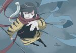  1girl :&lt; ahoge alternate_costume alternate_ears animal_print asymmetrical_wings black_hair black_pantyhose blue_wings brown_eyes closed_mouth commentary_request fingernails flying full_body grey_background holding holding_polearm holding_weapon houjuu_nue looking_at_viewer onikobe_rin pantyhose polearm print_skirt red_scarf red_wings scarf short_hair skirt snake solo tiger_print touhou weapon white_snake wings 