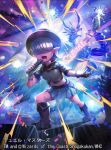  1girl asevi_andromeda_kushinada backpack bag belt boots breasts brown_bag brown_boots brown_gloves concert confetti copyright_notice dragon dragon_wings duel_masters full_body gloves hair_over_eyes hat holding holding_microphone indoors long_bangs medium_breasts microphone miniskirt momose_hisashi music navel official_art open_mouth pointy_ears ribbon shouting singing skirt solo sparkle stage_lights white_skirt wings 
