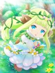  1girl animal_ears blue_eyes bow chibi dress fantasy_life fantasy_life_i:_the_girl_who_steals_time flower forest green_hair hair_flower hair_ornament jewelry leilah_(fantasy_life) long_hair long_sleeves looking_at_viewer nature necklace runachikku solo tail translated white_dress 
