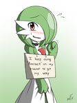  absurdres airalin_(mark_folks) blush choker commentary english flying_sweatdrops gardevoir gen_3_pokemon highres mark_folks no_humans pet_shaming pokemon pokemon_(creature) scratching_cheek sign sign_around_neck solo sweatdrop 