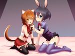  animal_ears black_hair blue_eyes brown_eyes brown_hair bunny_ears bunnysuit chuunibyou_demo_koi_ga_shitai! coat crossover dungeon_ni_deai_wo_motomeru_no_wa_machigatteiru_darou_ka eyepatch finalcake gloves liliruca_arde multiple_girls one_side_up seiyuu_connection short_hair takanashi_rikka thighhighs torn_clothes uchida_maaya 