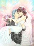  1girl blue_hair bouquet carrying cheek_kiss closed_eyes couple dress earrings flower hair_flower hair_ornament hetero hokuto_no_ken jewelry kiss mamiya multicolored multicolored_background necktie princess_carry raruma red_hair rei_(hokuto_no_ken) ring traditional_media tuxedo wedding_band wedding_dress white_dress 