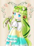  1girl animal_ears blue_eyes dress fantasy_life fantasy_life_i:_the_girl_who_steals_time flower green_hair hair_flower hair_ornament highres jewelry leilah_(fantasy_life) linnea_flitwst long_bangs long_hair long_sleeves looking_at_viewer necklace solo standing translation_request 