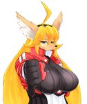  5_fingers ahoge anthro big_breasts blonde_hair blue_eyes breasts canine clothing fox fur gloves hair kemono long_hair looking_at_viewer mammal matospectoru meribeth plain_background smirk solo thumbs_down white_background 