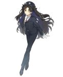  1girl ;) black_bow black_hair black_hat black_jacket black_pants black_shorts black_suit bow collared_dress commentary curtained_hair dress earrings fate/stay_night fate_(series) finger_to_mouth full_body hair_bow hat honkai:_star_rail honkai_(series) hoop_earrings jacket jewelry kabutomushi_s lapels light_blush long_hair long_sleeves looking_at_viewer notched_lapels one_eye_closed pant_suit pants parted_bangs red_eyes shirt shorts simple_background smile solo suit suit_jacket symbol-only_commentary tohsaka_rin very_long_hair white_background white_dress white_shirt 