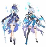  2girls :/ :d ahoge ankle_boots ankle_socks ascot asymmetrical_footwear asymmetrical_gloves asymmetrical_sleeves bare_shoulders black_ascot black_boots black_corset black_crown black_gloves black_shoes black_sleeve_cuffs black_sleeves blue_boots blue_bow blue_brooch blue_dress blue_eyes blue_gemstone blue_hair blue_hat blue_jacket blue_shorts blue_sleeves blue_streaks blue_vest blue_wings boots bow brooch cerydra_(honkai:_star_rail) cerydra_(honkai:_star_rail)_(cosplay) closed_mouth collared_dress color_connection commentary company_connection corset cosplay costume_switch crossed_legs crossover crown detached_sleeves dress english_commentary expressionless flower flower-trimmed_dress flower_trim frilled_boots frilled_footwear frills full_body furina_(genshin_impact) furina_(genshin_impact)_(cosplay) gem genshin_impact gloves gradient_hair hair_intakes hand_on_hilt hand_on_own_chest hand_on_own_hip hand_up hat hat_bow hei_lang heterochromia highres holding holding_scepter holding_sword holding_weapon honkai:_star_rail honkai_(series) jacket jewelry juliet_sleeves kishimen_hair legs_apart long_eyelashes long_hair long_sleeves looking_at_viewer low_wings mihoyo mini_crown mismatched_footwear mismatched_gloves mismatched_pupils mismatched_sleeves multicolored_boots multicolored_dress multicolored_hair multicolored_sleeves multiple_girls open_clothes open_jacket open_mouth ouji_fashion pink_flower planted planted_sword pointed_crown puffy_sleeves scepter shoes short_dress short_shorts shorts simple_background single_bare_leg single_sock single_thigh_boot smile socks splendor_of_tranquil_waters_(genshin_impact) standing suit_jacket sword tailcoat thigh_boots thigh_strap top_hat two-tone_hair uneven_footwear very_long_hair vest waist_bow waistcoat water_drop watson_cross weapon white_background white_dress white_gloves white_sleeves white_socks wings wrist_cuffs 