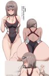  1boy 1girl :o absurdres ass between_breasts black_one-piece_swimsuit blush breasts brown_hair cameltoe cleavage clothes_between_breasts collarbone covered_navel ekuskarma faceless faceless_female goddess_of_victory:_nikke goggles goggles_on_head groin hetero highres holding_another's_wrist implied_sex large_breasts multiple_views one-piece_swimsuit rapi_(classic_vacation)_(nikke) rapi_(nikke) red_eyes simple_background sitting swimsuit thighs white_background 