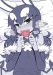  1girl akuyome arm_warmers bare_shoulders blush breasts choker condom condom_wrapper dark_skin ear_blush fur_trim holding holding_condom horns lying matsuda_yuusuke monochrome on_back on_bed pillow pointy_ears shy sweatdrop white_choker wings yome_(akuyome) 
