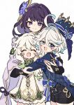  3girls age_difference ahoge blue_eyes blue_hair blue_hat blue_suit blunt_bangs bow bowtie bridal_gauntlets closed_eyes closed_mouth dress fan_hair_ornament flower flower_ornament friends furina_(genshin_impact) genshin_impact gradient_hair green_dress green_eyes grey_hair group_hug hair_between_eyes hair_intakes hair_ornament happy hat head_tilt height_difference heterochromia highres hug huge_ahoge japanese_clothes kimono leaf_hair_ornament light_smile long_hair long_sleeves looking_at_viewer mitsudomoe_(shape) mole mole_under_eye multicolored_hair multiple_girls nahida_(genshin_impact) off_shoulder open_mouth purple_eyes purple_flower purple_hair purple_kimono purple_nails raiden_shogun satou_(satopurin33) shade shorts side_ponytail simple_background smile standing streaked_hair suit symbol-shaped_pupils thighs tomoe_(symbol) top_hat two-tone_hair upper_body watermark wavy_hair wide_sleeves 